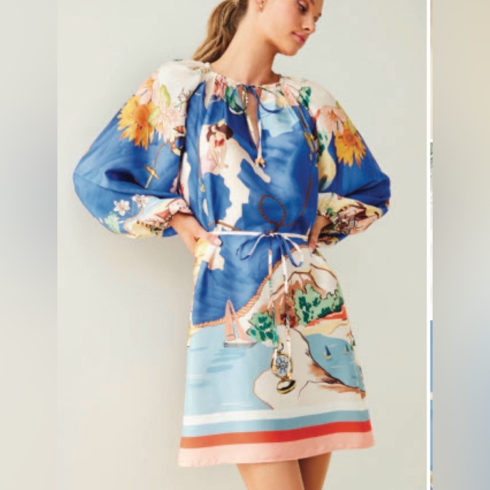ANTONIO MELANI Blue Multi Scenic Print Long Sleeve Dress